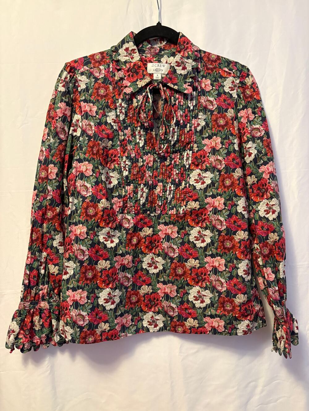 J. Crew Liberty Scalloped-Sleeve Popover Top Red Tie Collared Sz S